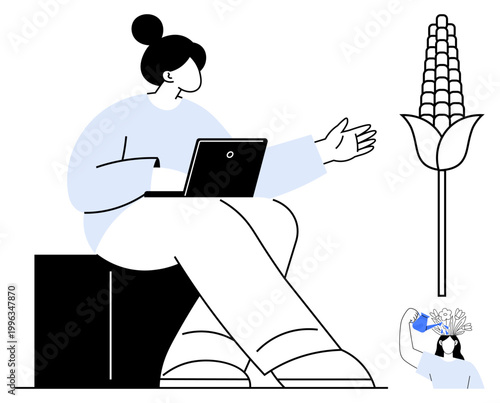 Agriculture, technology integration, sustainability, innovation, food production, eco-awareness. Person working on laptop next to a corn stalk. Agriculture and technology integration concept