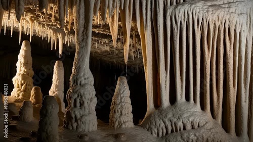 Dripping water on intricate stalactites and stalagmites in an underground cave, ancient geological formations