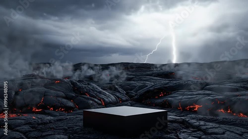 Empty black podium on dark volcanic landscape, lightning striking in stormy sky for product display background.