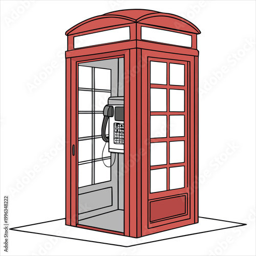 Red telephone booth open with phone inside classic British landmark.