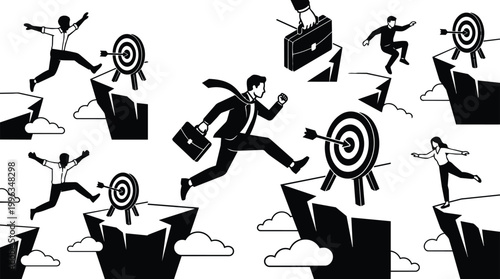 Black and white vector businesspeople jumping toward bullseye target across cliffs landscape