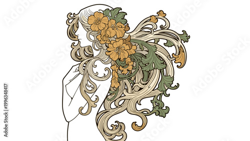 A beautiful woman with flowers in her hair in a vintage illustration