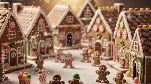 Gingerbread village with decorated houses and walking gingerbread men, festive Christmas holiday scene