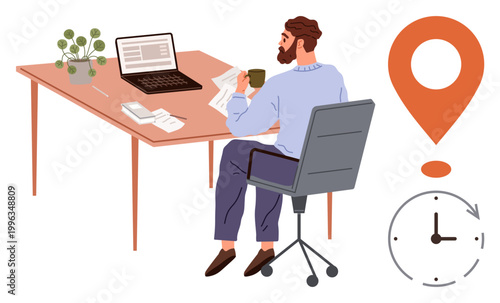 Remote work, productivity, time management, workplace organization, freelancing, digital communication. A man sitting at a desk with a laptop, documents coffee and location icon. Remote work