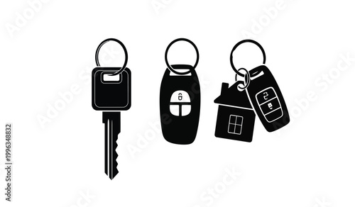 A strikingly simple depiction showcases three distinct keyrings featuring a traditional key car fob and house key as a silhouette high quality professional detailed
