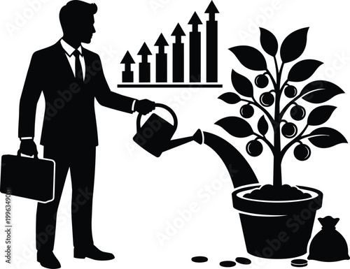 Businessman watering money tree vector art with growth chart briefcase and coins