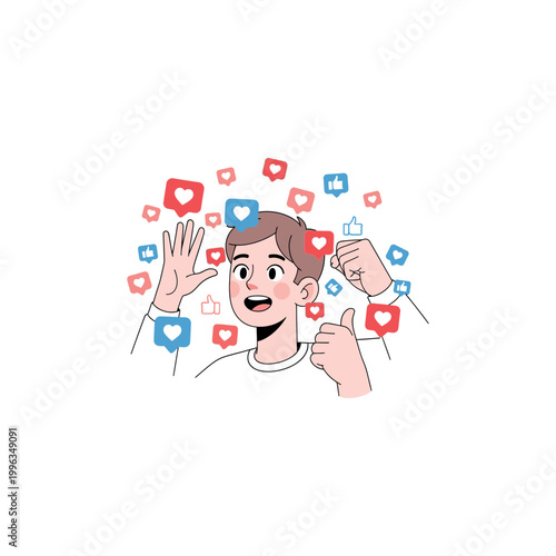 A young man happily surrounded by social media likes and comments online.