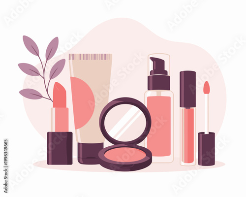 Modern Flat Illustration Of Makeup And Skincare Products Set Beauty Cosmetics Collection Isolated