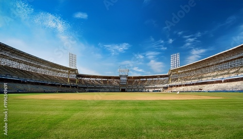 empty cricket stadium under a bright blue sky the pitch is visible with stands largely unoccupied a tranquil scene