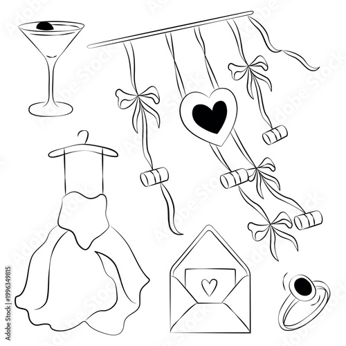 Hand-drawn wedding decor elements such as brides dress, wedding ring, cocktail and just married car sign