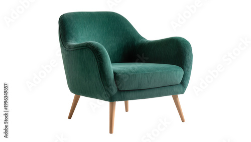 Tableau sur toile Plush emerald green velvet armchair with wooden legs, isolated on transparent ba