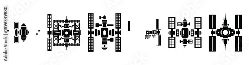 A collection of space station silhouette business icon set, black color and white background