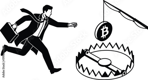 Black and white vector businessman running with briefcase chasing bitcoin bait over a bear trap