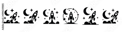 A collection of space exploration silhouette business icon set, black color and white background