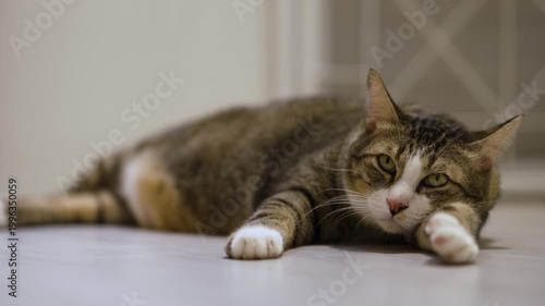 Domestic tabby cat resting on the floor at home