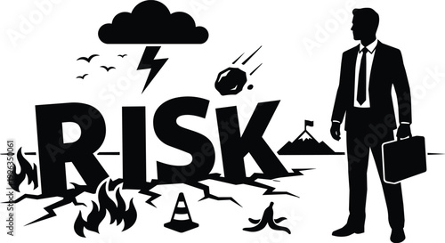 Risk lettering with businessman silhouette holding briefcase beside cracked ground and hazard symbols black and white vector