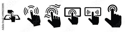 A collection of touchless interface silhouette business icon set, black color and white background