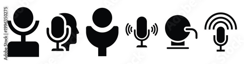 A collection of voice assistant silhouette business icon set, black color and white background