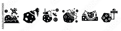 A collection of asteroid mining silhouette business icon set, black color and white background