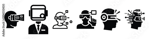 A collection of augmented reality silhouette business icon set, black color and white background