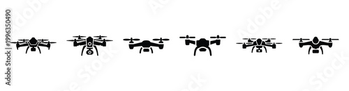 A collection of autonomous drone silhouette business icon set, black color and white background