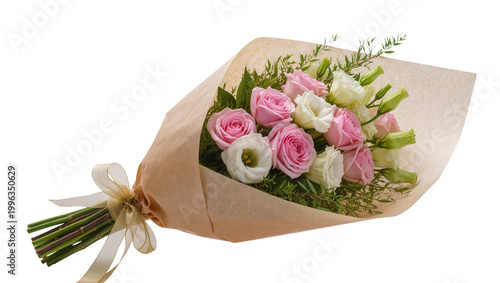 Pink and white roses bouquet wrapped in brown paper with ribbon, isolated on transparent background