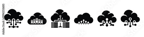 A collection of cloud computing silhouette business icon set, black color and white background