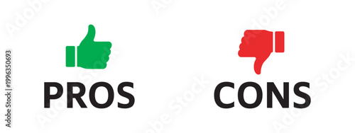 Pros and cons comparison, thumbs up and thumbs down icons vector illustration for decision making infographic balance evaluation concept design set