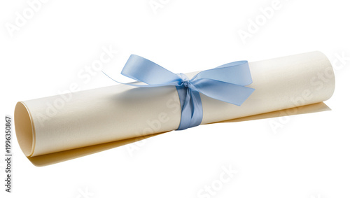Rolled diploma scroll tied with a light blue satin ribbon, isolated on transparent background