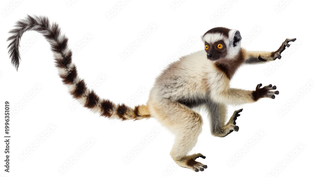 Fototapeta premium Ring-tailed lemur with fluffy fur and striped tail, isolated on transparent background