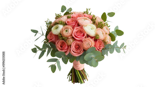Photos Pink roses and ranunculus bouquet with eucalyptus leaves, isolated on transparen