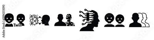 A collection of digital twin silhouette business icon set, black color and white background