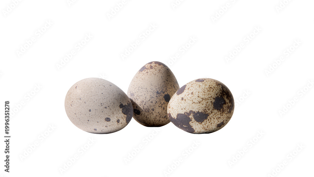 Obraz premium Three speckled quail eggs clustered together, isolated on transparent background