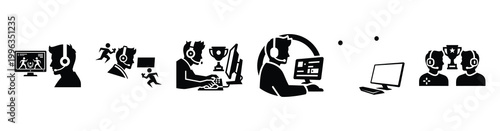A collection of esports competition silhouette business icon set, black color and white background