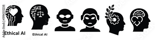 A collection of ethical ai silhouette business icon set, black color and white background