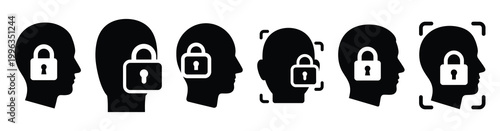 A collection of face unlock silhouette business icon set, black color and white background