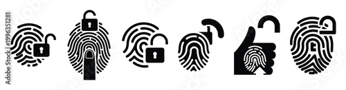 A collection of fingerprint unlock silhouette business icon set, black color and white background