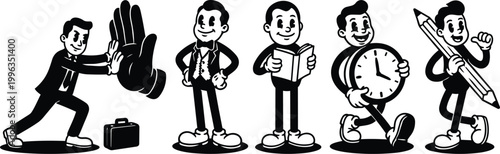Retro black and white cartoon businessman pushing giant hand reading book holding clock and pencil