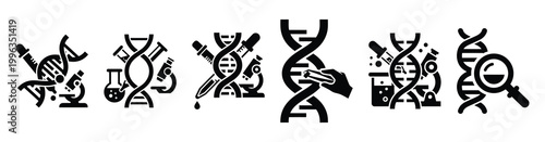 A collection of genetic engineering silhouette business icon set, black color and white background