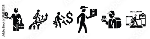 A collection of gig economy silhouette business icon set, black color and white background