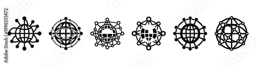 A collection of global network silhouette business icon set, black color and white background