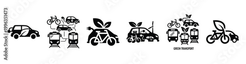 A collection of green transport silhouette business icon set, black color and white background