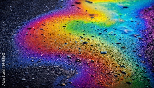 colorful iridescent oil spill reflecting rainbow hues on rough asphalt texture in a close up abstract photograph