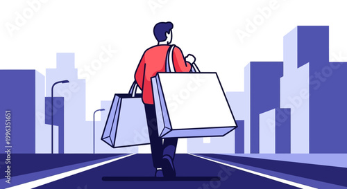 A man walking away while carrying multiple large empty shopping bags in a modern city.