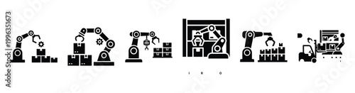 A collection of inventory automation silhouette business icon set, black color and white background