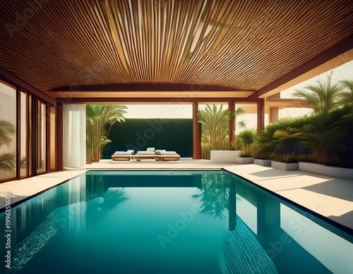 inviting oasis partial interior view of a captivating home with a serene pool generative ai