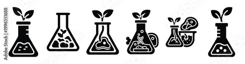 A collection of lab grown food silhouette business icon set, black color and white background