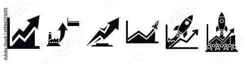 A collection of ipo launch silhouette business icon set, black color and white background