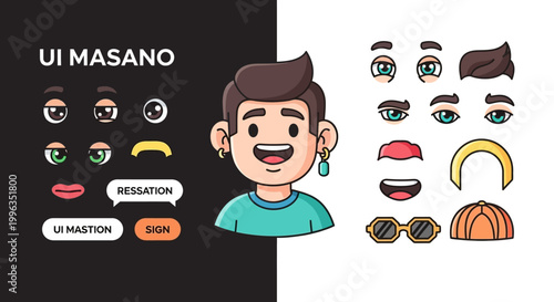 Cartoon character face parts and accessories.