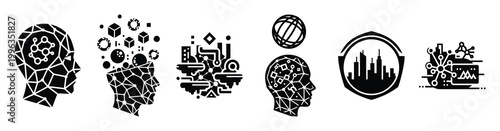 A collection of metaverse world silhouette business icon set, black color and white background